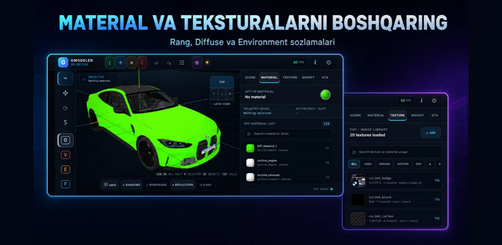 Material va teksturalar bilan ishlash.